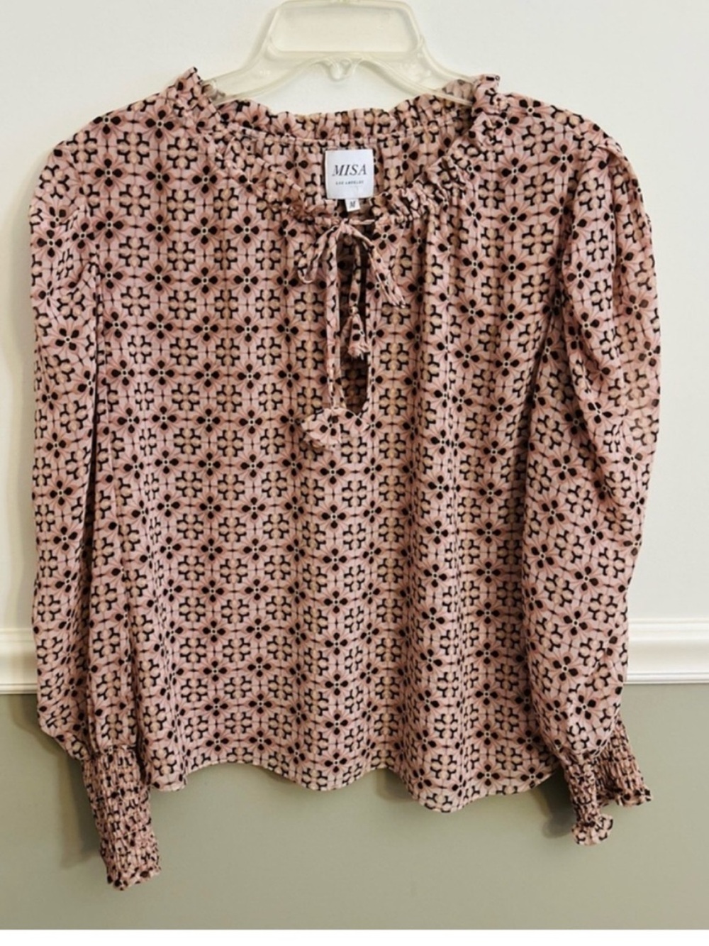 MISA Los Angeles Siena Pink Black  Geometric Tie Neck Long Sleeve Blouse Medium